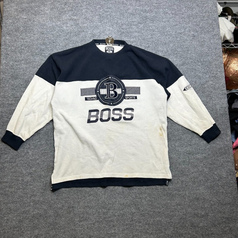 VTG BOSS Techno Sports Sweatshirt Men's Navy Cream Long Sleeve Embroidered - XL